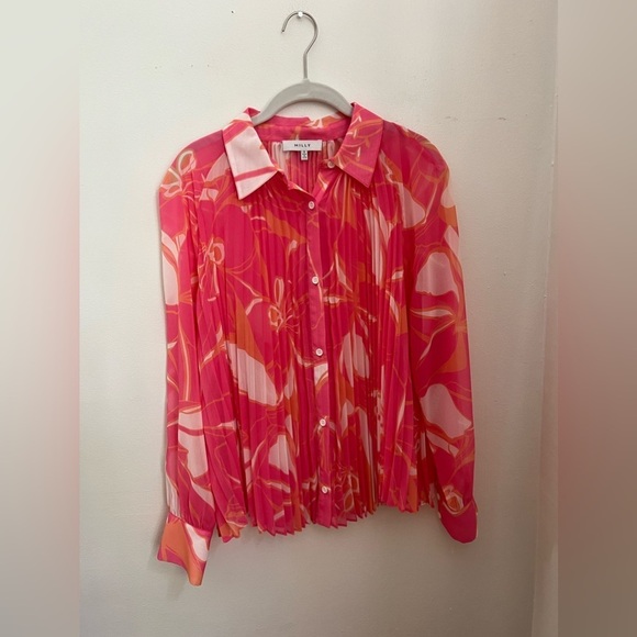 Milly Floral Pleated Blouse Pink Orange Small - Picture 2 of 9
